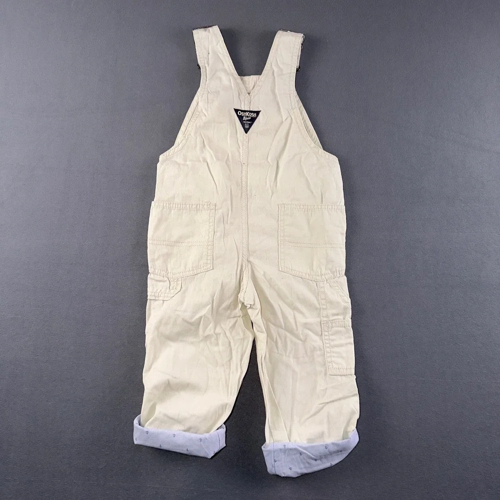 OshKosh Bgosh Kids Cream Canvas Anchor Print Roll Cuff Overalls 3T OSH89379-SSI